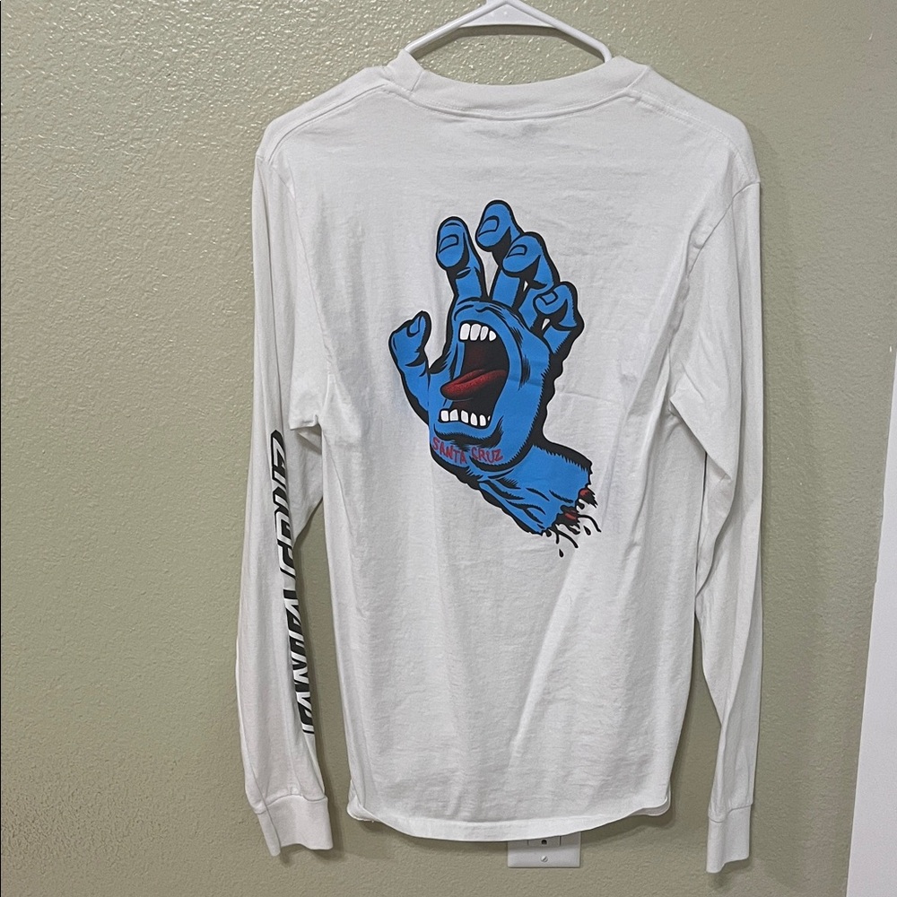 Santa Cruz Skateboards White Long Sleeve with Blue Hand Graphic - Picture 2 of 2